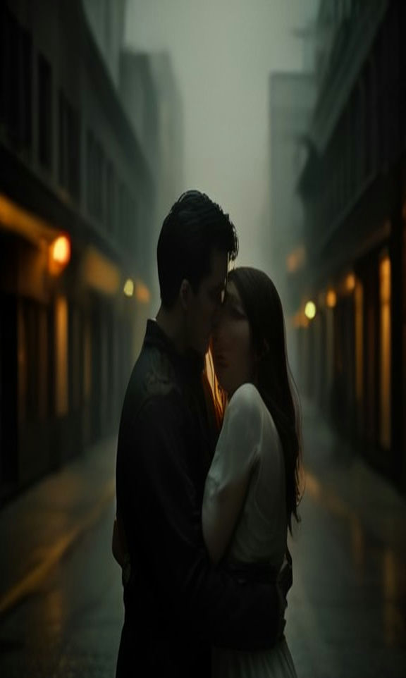 A couple embracing in a foggy ruined street — the AI zombie couple video
