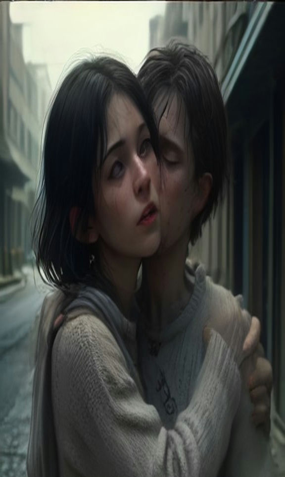 An emotional reunion hug after the transformation — AI zombie video still